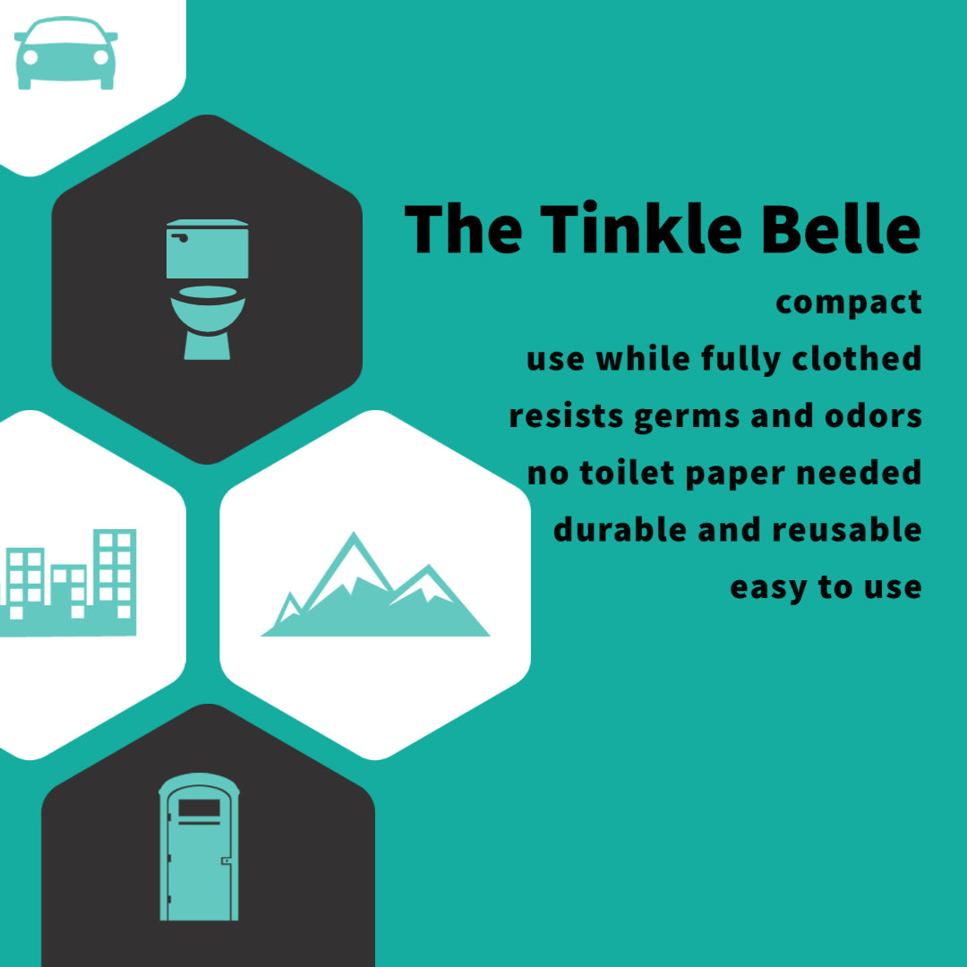 The Tinkle Belle female urinal portable urination device is compact, reusable, resists germs and odors, no toilet paper needed, easy to use, and you can use it while remaining fully clothed!