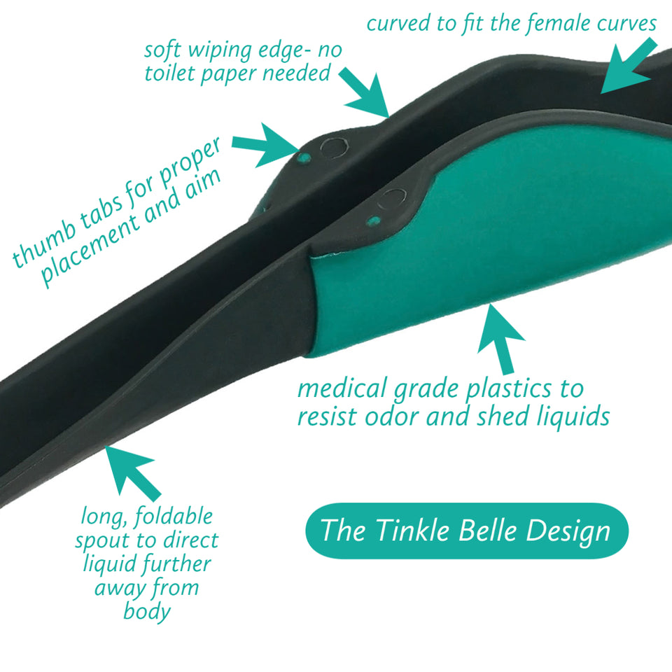 The Tinkle Belle female urinal portable urination device is designed with a soft wiping edge, no toilet paper neede, curved to fit the female form, thumb tabs for placement, medical grade plastic, latex-free and silicone-free, longer spout