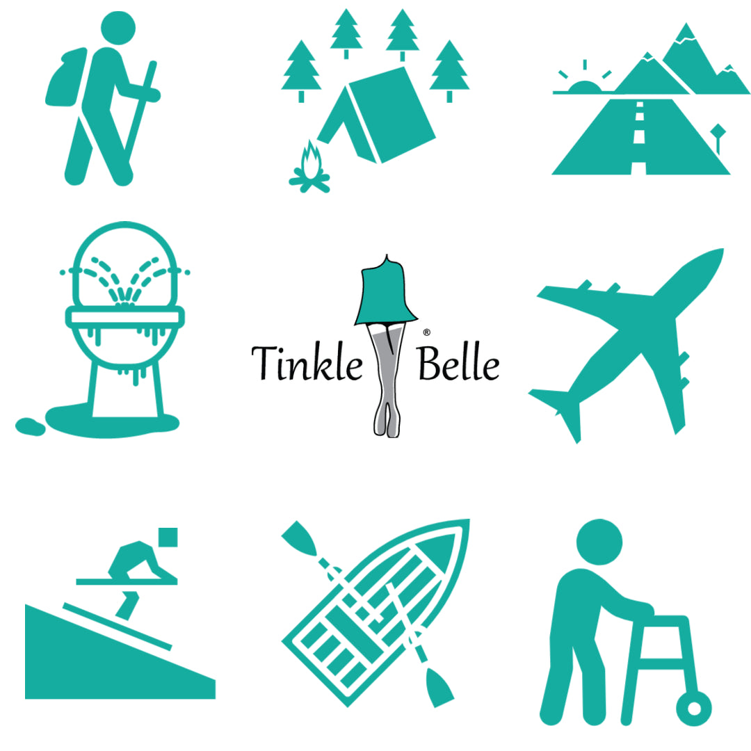 The Tinkle Belle portable female urinal urination device allows women to stand to pee without removing clothing.  Perfect accessory for hiking camping roadtrips dirty toilets airplane travel snow sports boating mobility issues  after surgery
