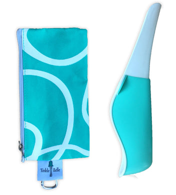 L'accessoire urinaire féminin Tinkle Belle, turquoise et blanc avec trousse